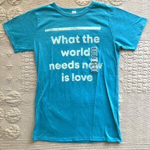 New Sz. Sm/Med Simple Blue Tee "What the world needs now is love" cotton/poly